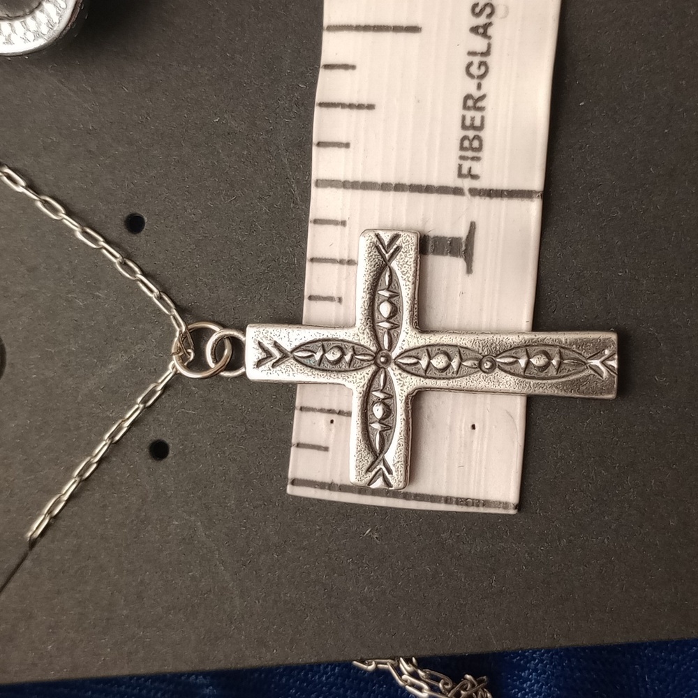 Sterling Silver Stamped Cross Pendant Necklace Signed - Picture 6 of 10